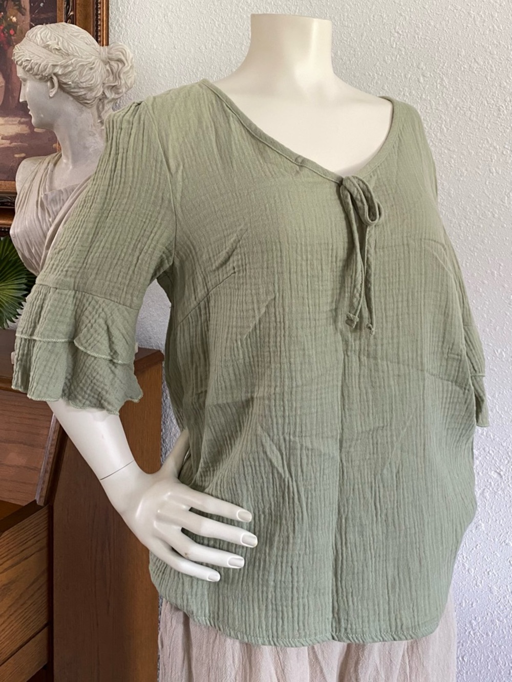 Light Olive Green Gauze Tie-Neck Women's Top